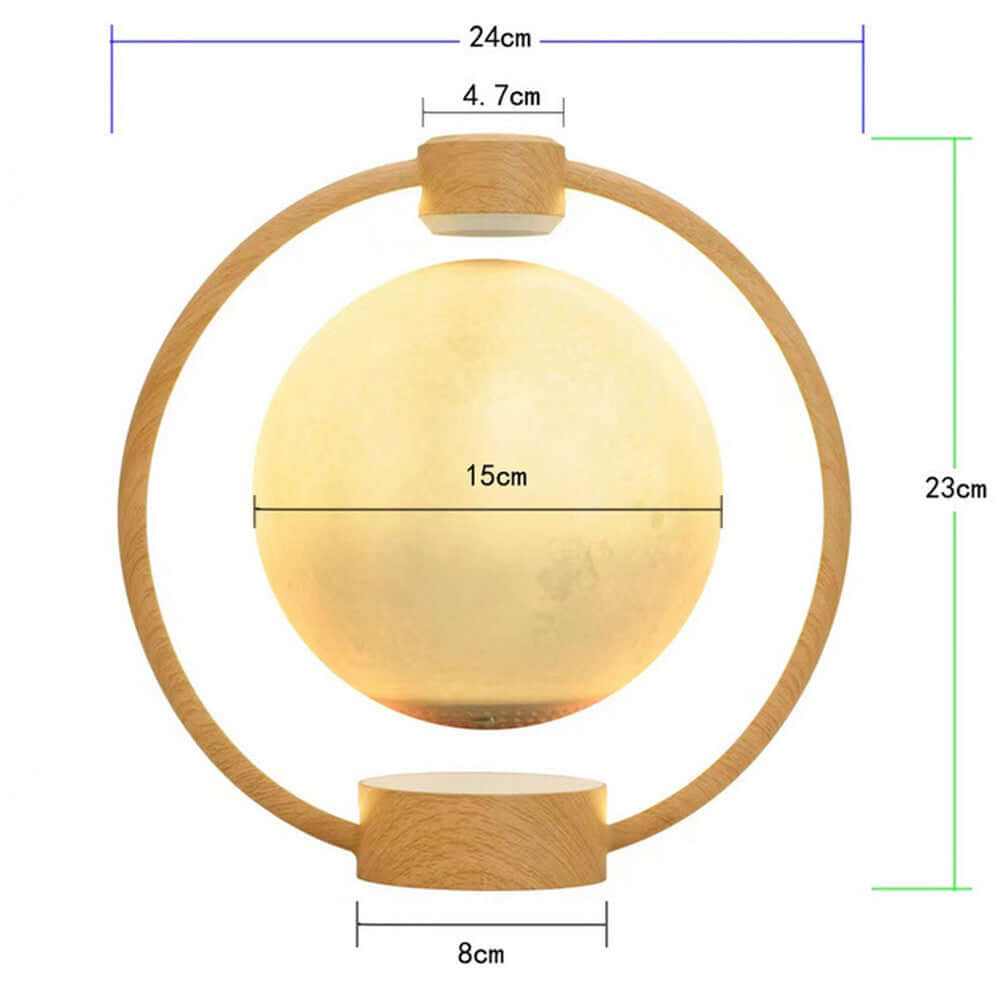 Floating Moonlight Bluetooth Speaker levitating glowing spherical light with wooden circular frame and dimensions displayed