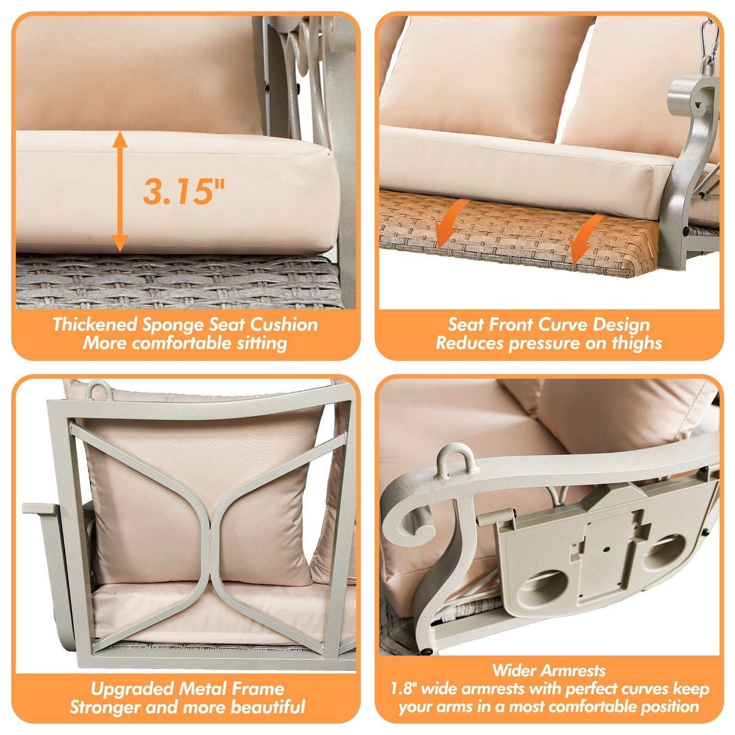 Porch Comfort Swing Basket with beige cushions, gray rattan, metal frame, fold-up side tables, and extended chains for outdoor use