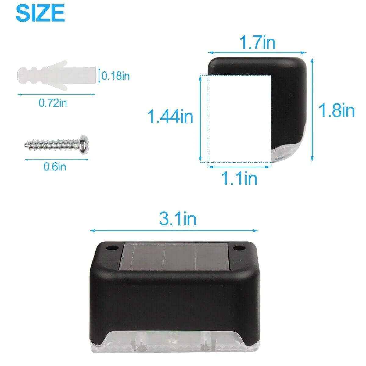 Black solar deck light with dimensions and mounting screw, waterproof LED outdoor lighting accessory