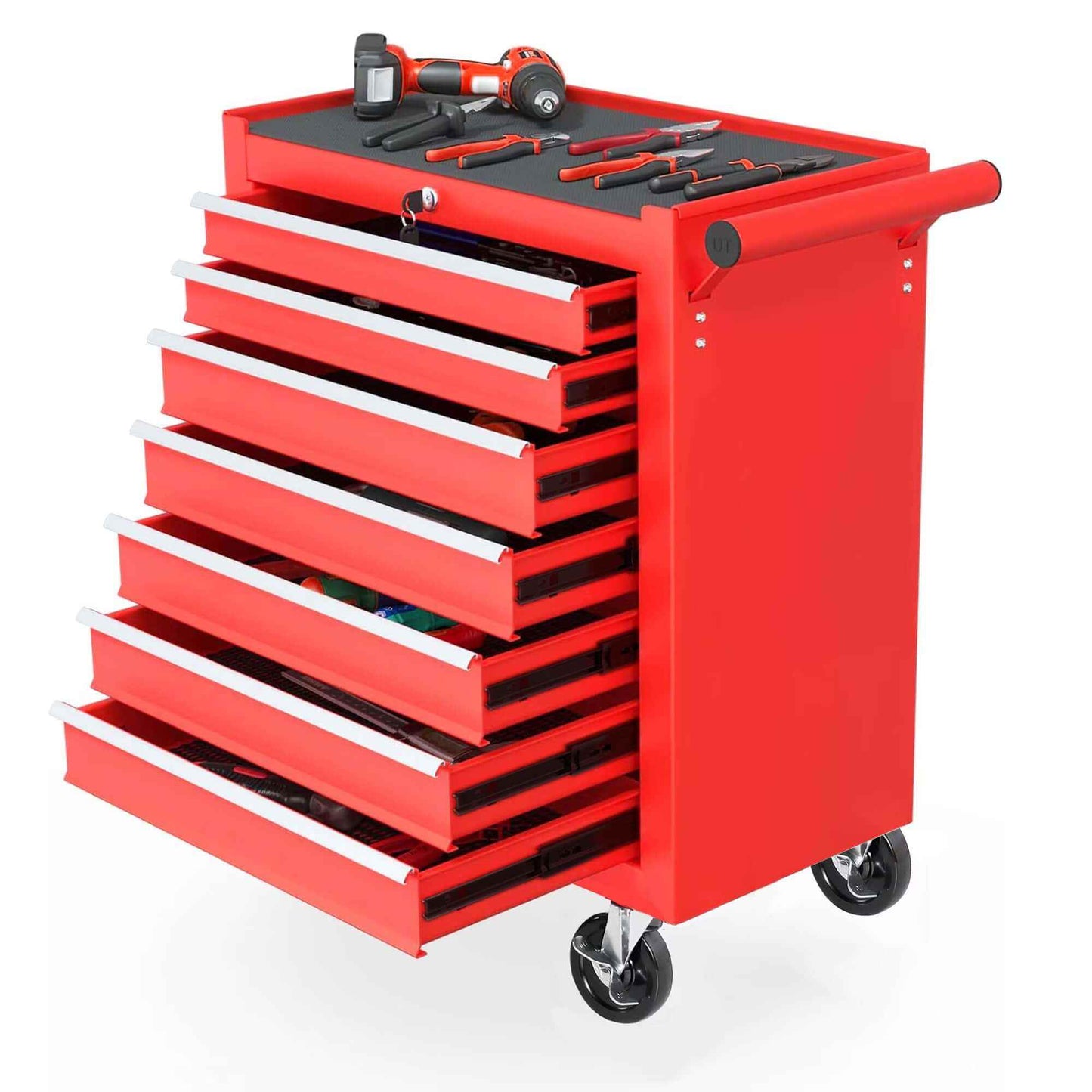 Red Ultimate Rolling Tool chest with 7 open drawers and heavy-duty wheels, holding various hand tools and a cordless drill.