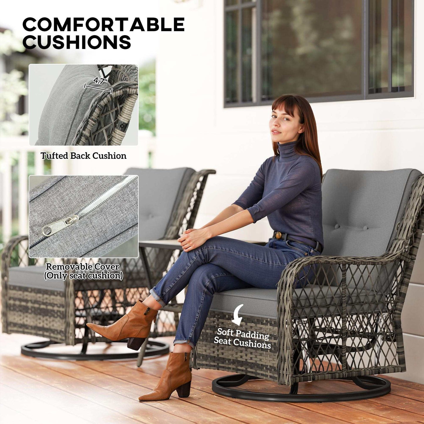 Coastal Comfort Wicker Swivel Bistro Set with gray tufted cushions and removable covers on a patio