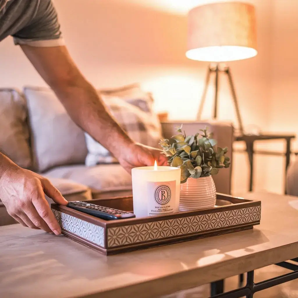 A cozy living room scene featuring a candle, plant, and remote on a tray, with a person setting it on a coffee table.