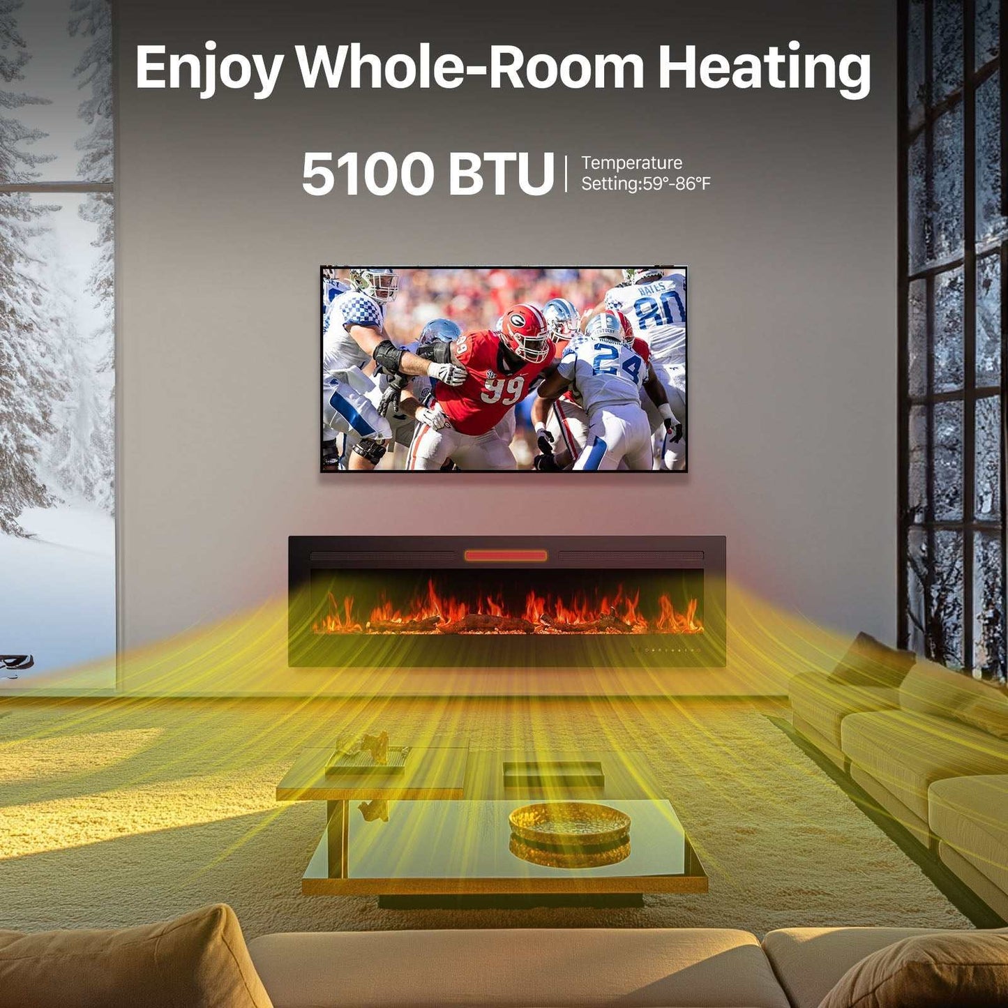 CozyFlame Electric Fireplace Insert providing 5100 BTU whole-room heating with flame effects in modern living room setting
