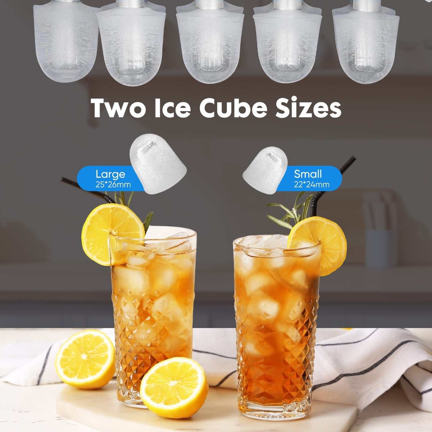 Portable ice maker producing two sizes of bullet-shaped ice cubes shown with iced drinks and lemon slices