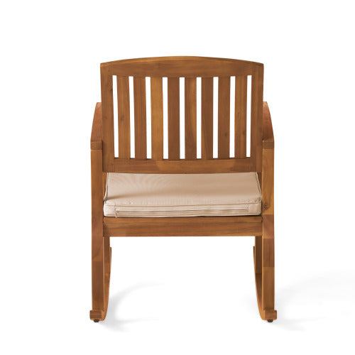 Rocking Comfort Chair Natural Oak acacia wood rocker with cream cushion front view