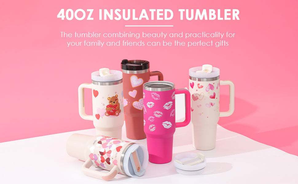 40oz insulated modern tumbler with handle and reusable straw in festive pink and white designs