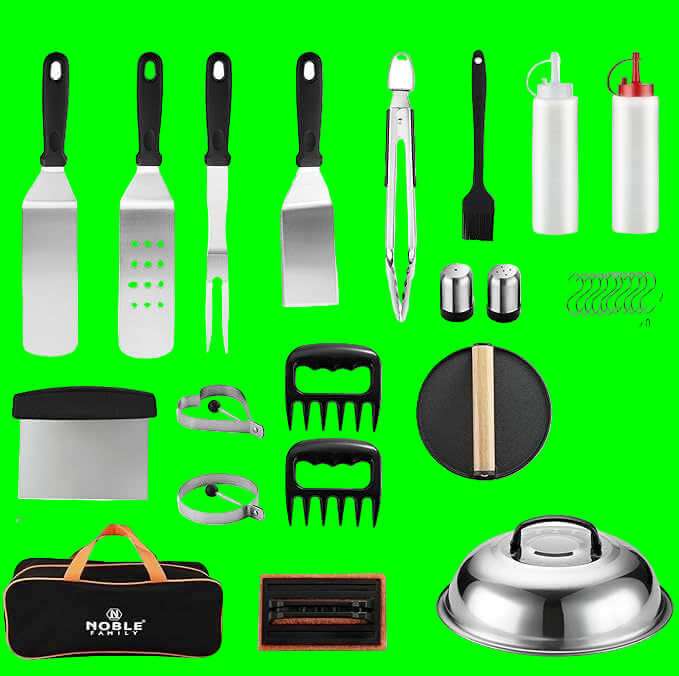 35-piece Ultimate Outdoor Grilling Set with stainless steel tools, black handles, and carry bag, including spatulas, tongs, meat claws, burger press, and accessories.