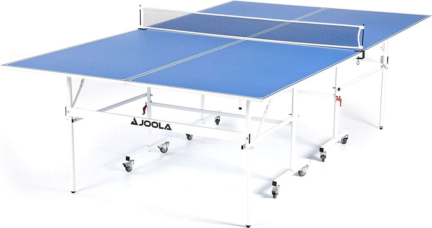 Foldable indoor ping pong table with blue playing surface, white frame, and wheels for easy storage and portability.