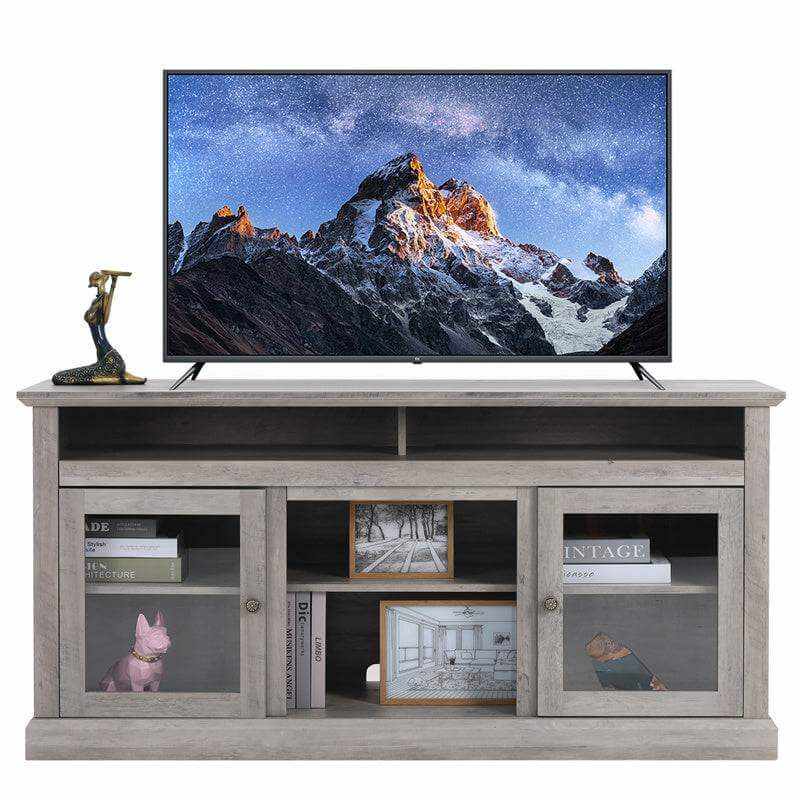 Chic wooden TV stand with storage, featuring a sleek design and a modern gray finish, ideal for living room decor.
