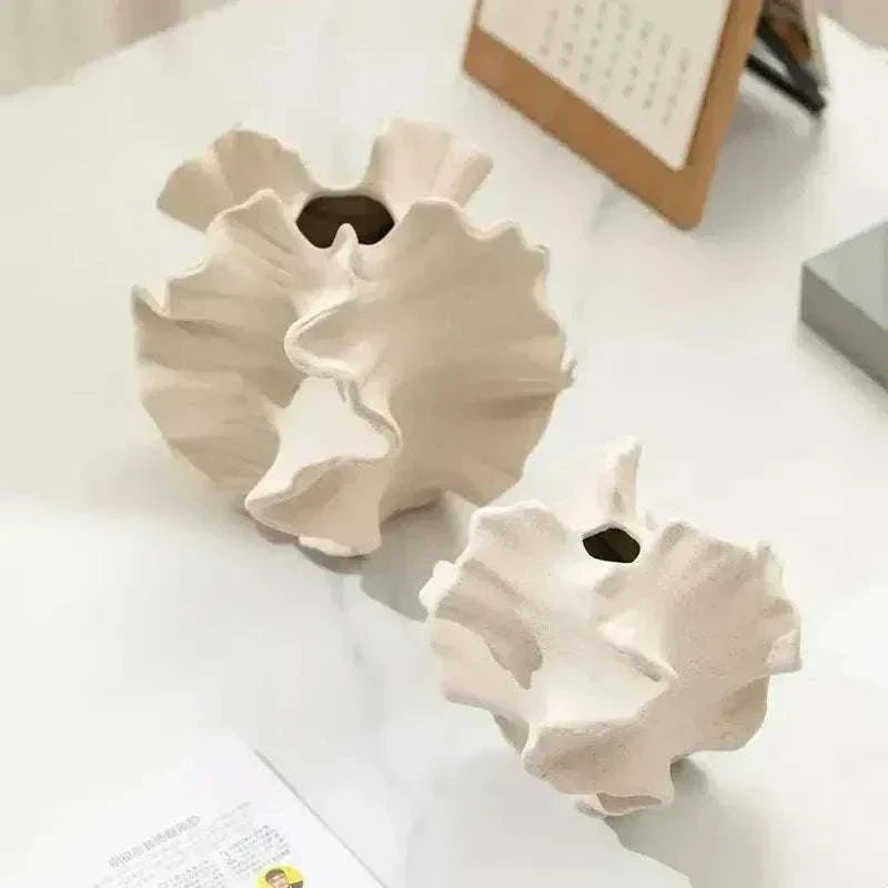 Petal Waves Porcelain Vase set with sculptural petal-like wave design in matte ceramic finish