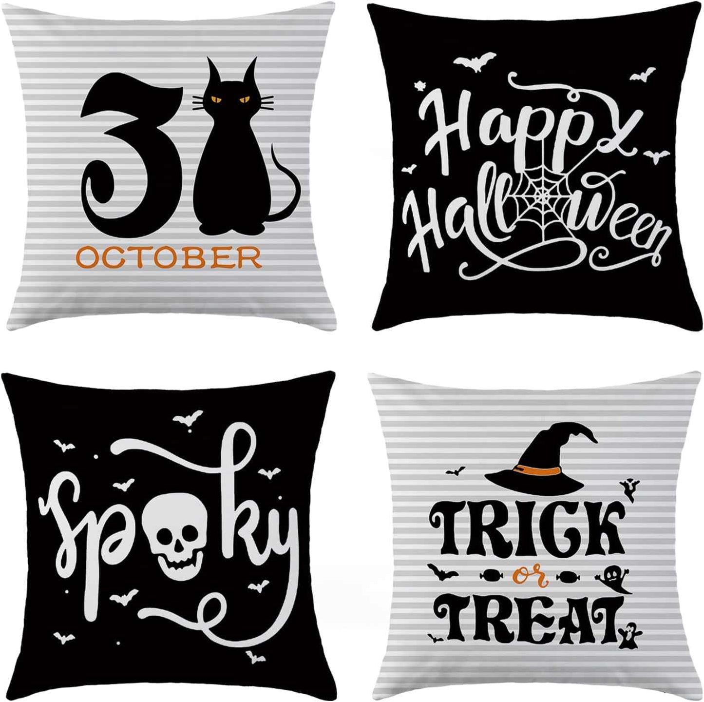 Charming Autumn Pillow Covers Set with Halloween cat, spooky skull, Happy Halloween, and Trick or Treat designs