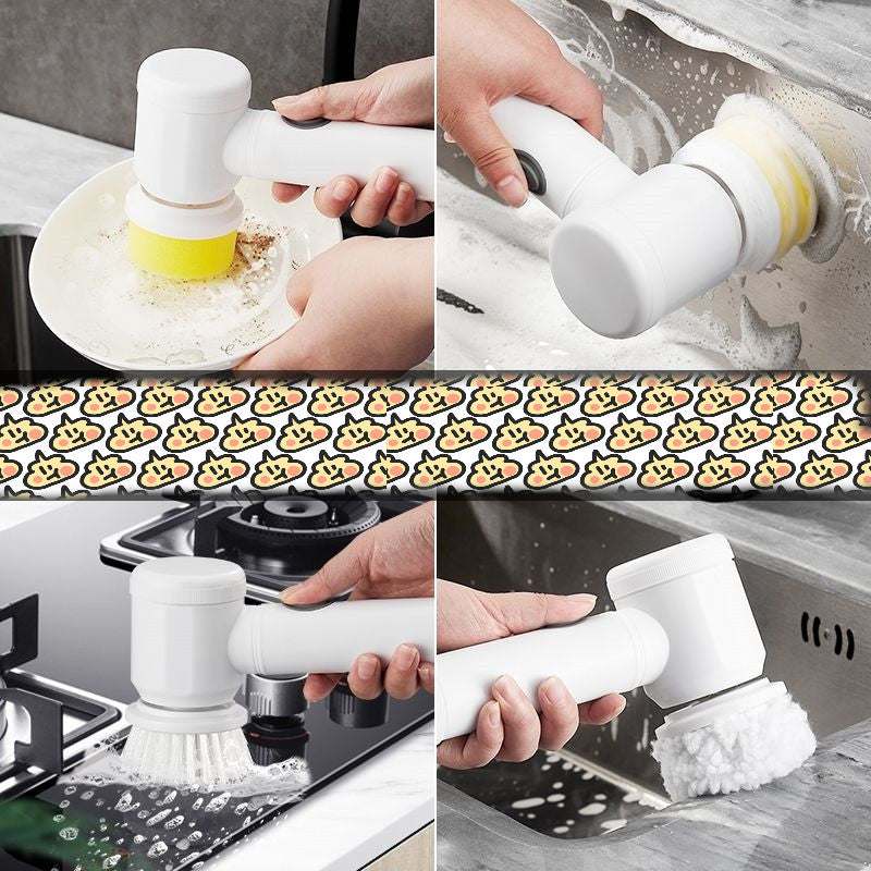 Electric Effortless Kitchen Scrubber Brush cleaning plates, stove, and sink with different brush heads.