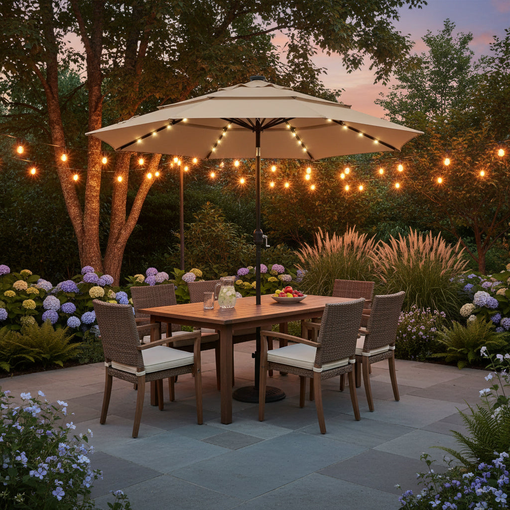Patio Umbrella Solar Glow with LED lights beige canopy with iron frame and solar-powered LED strip lighting under ribs
