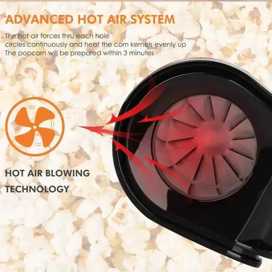 Home Popcorn Wonder hot air system for quick popcorn preparation in under 3 minutes with advanced blowing technology.