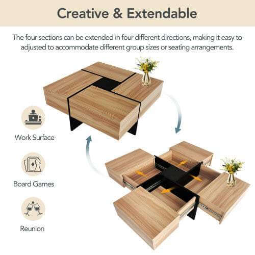 Smart storage coffee table with extendable sections and hidden compartments in wood finish