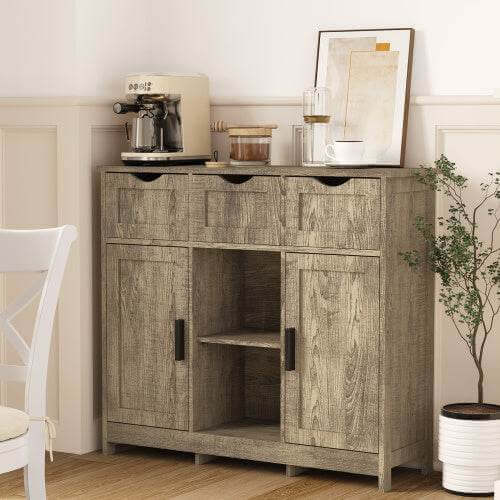 Gray versatile wooden storage cabinet with drawers and adjustable shelves in modern living room setting