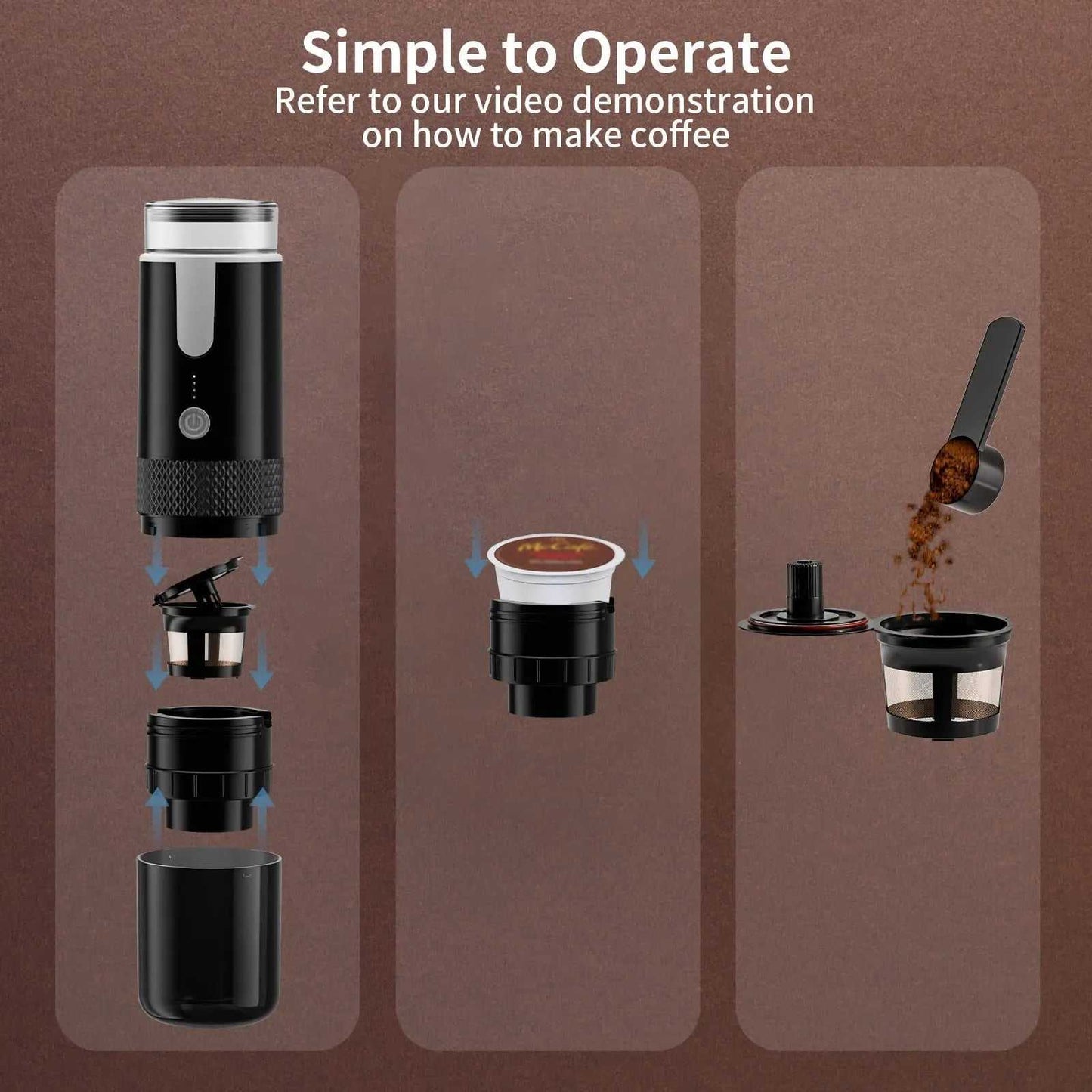 Portable coffee brewer showing assembly steps with coffee capsule and coffee powder options on brown background.