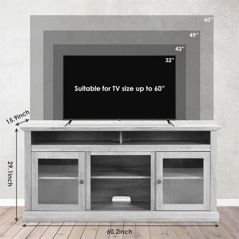 Chic wooden TV stand diagram showing suitable TV sizes up to 60 inches, dimensions, and design details.