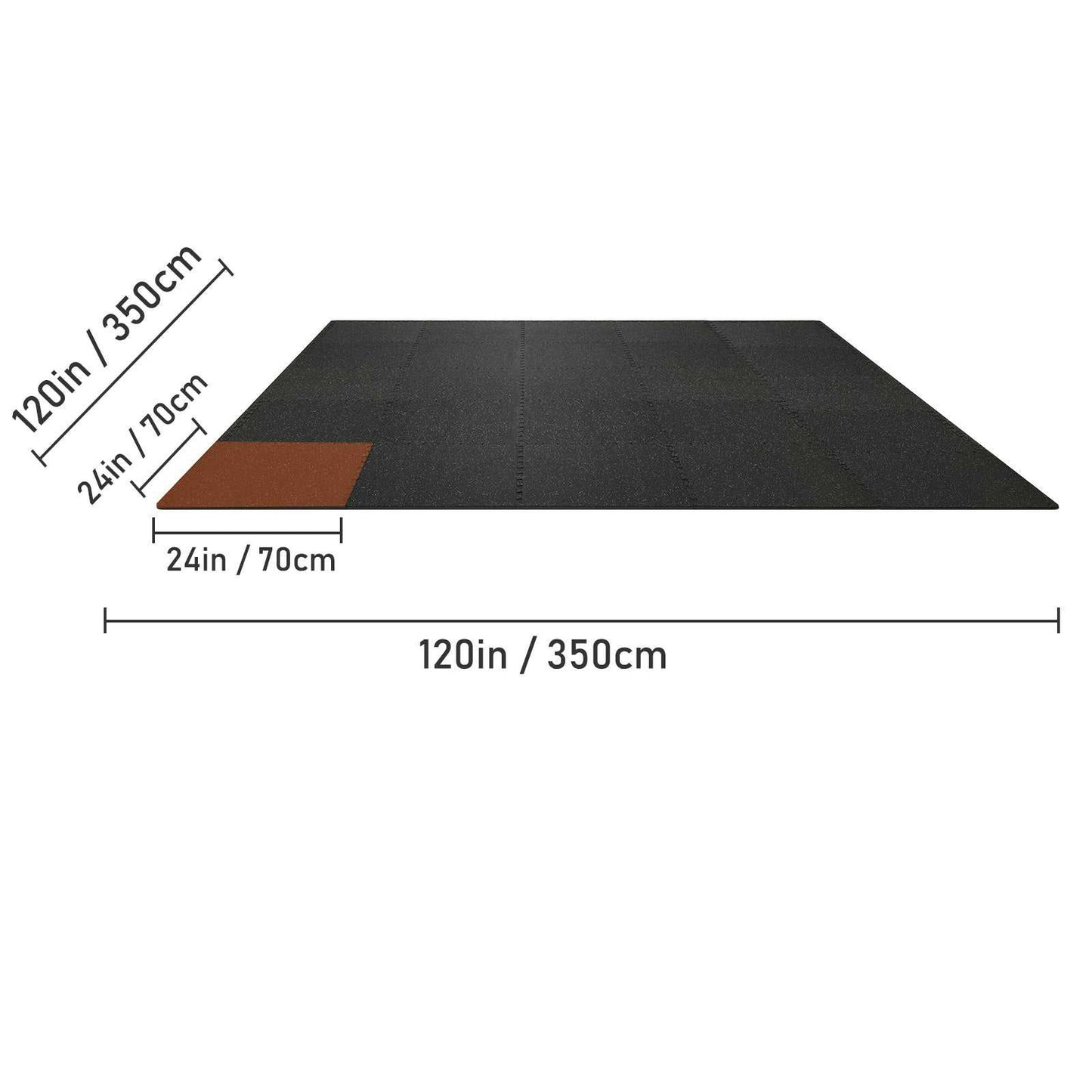 Interlocking black gym floor mats measuring 120 by 120 inches with 1/2 inch thickness for home workouts.