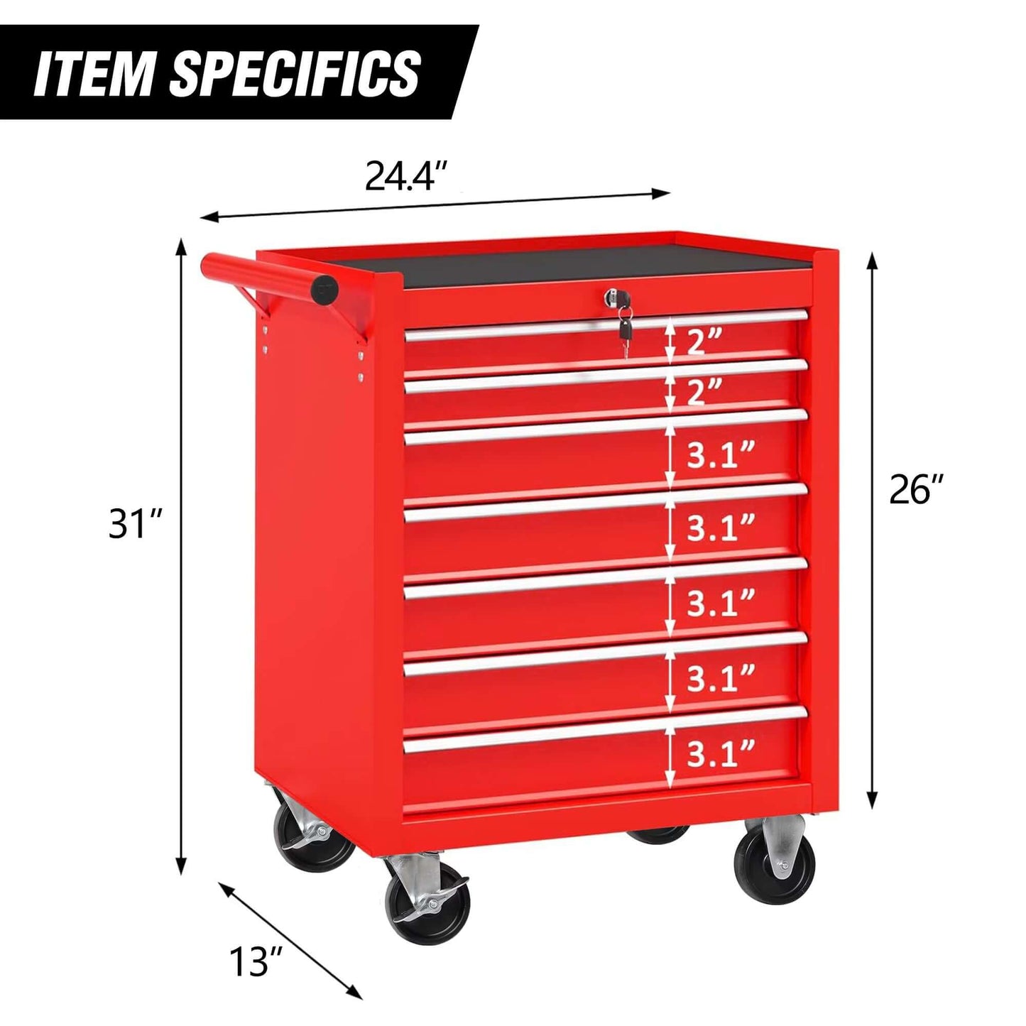 Red Ultimate Rolling Tool Chest with 7 drawers, heavy-duty wheels, and secure locking system for organized tool storage.