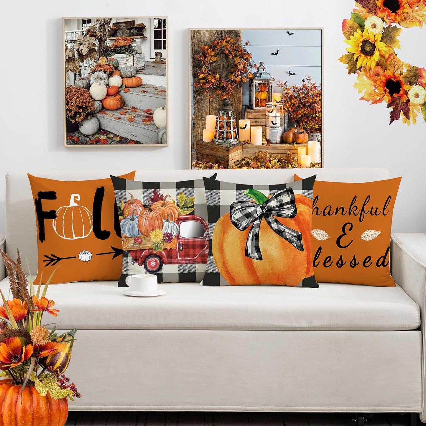 Charming autumn pillow covers set with pumpkin and fall designs on sofa