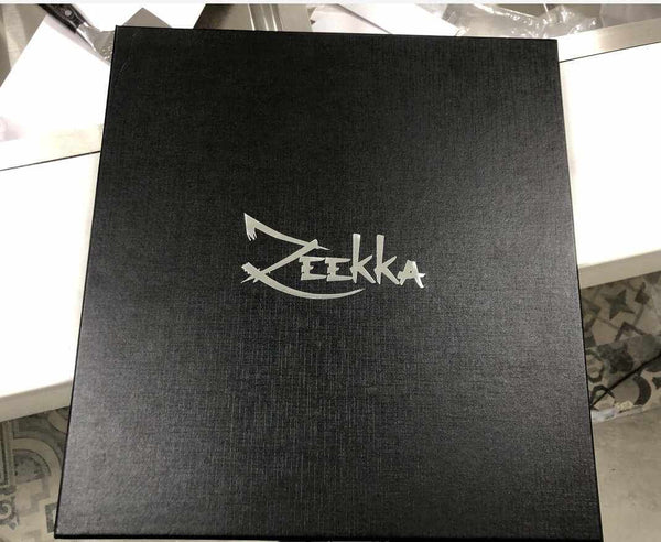 Black textured gift box with Zeekka logo, packaging for Damascus pattern stainless steel chef's knives set