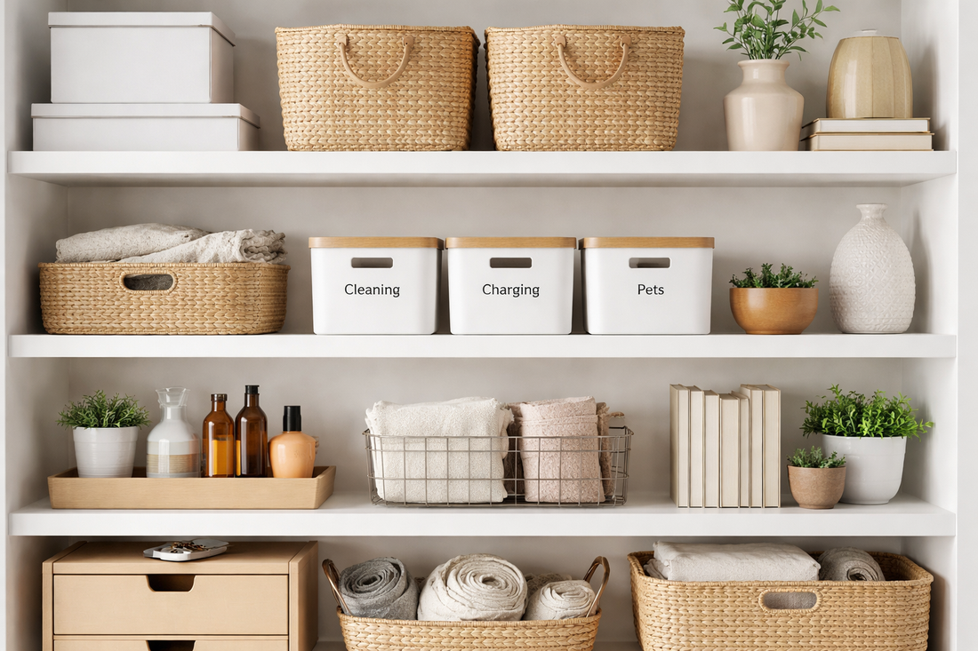 Modern Home Organization with stylish shelves, baskets, and bins