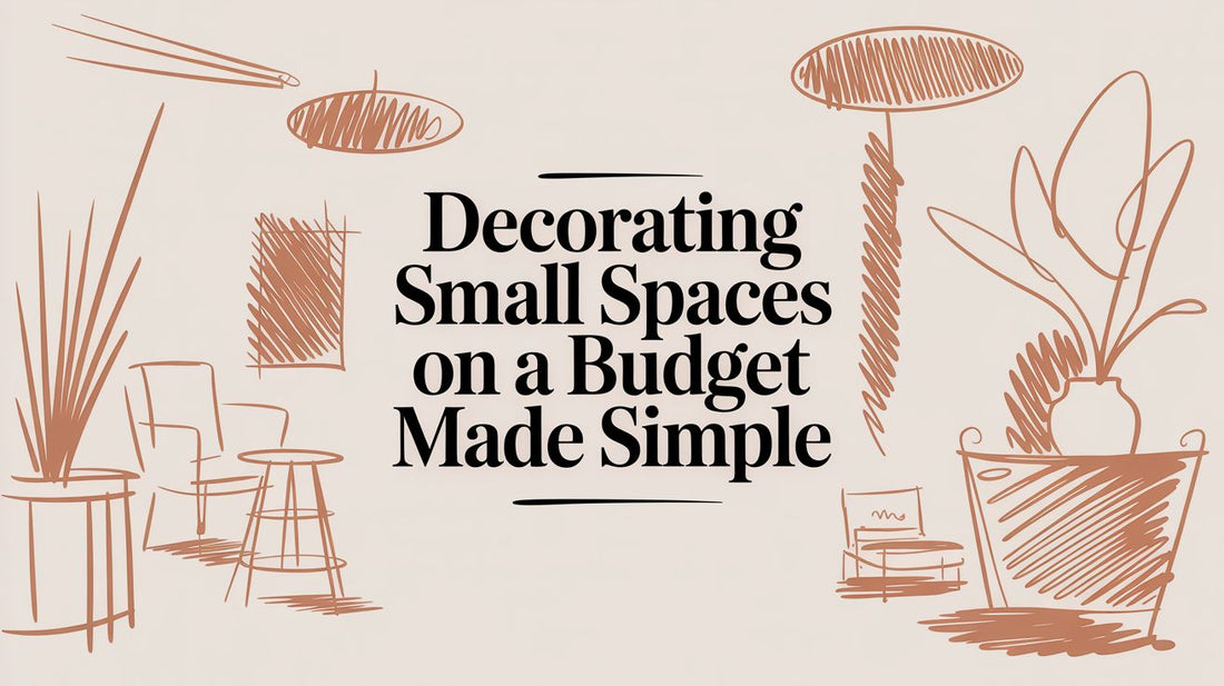 Decorating Small Spaces on a Budget Made Simple with minimalist sketch of living room furniture and plants.