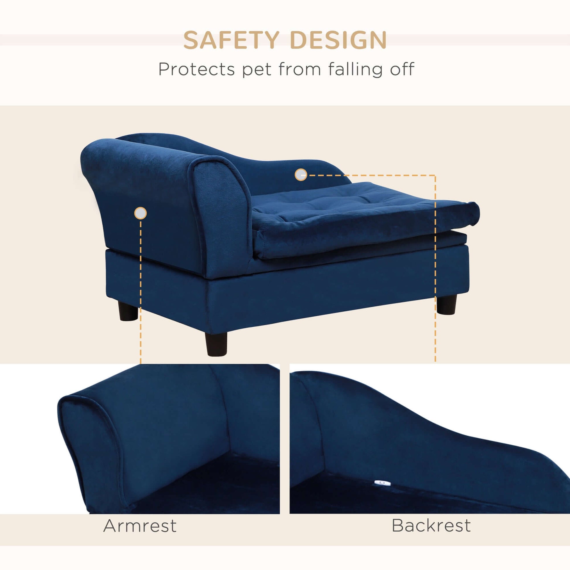 Luxury dog bed with hidden storage in modern blue design featuring safety armrest and backrest for pet comfort.