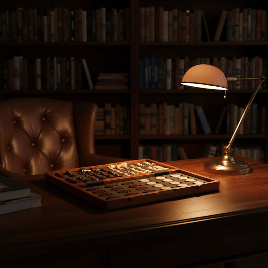 Magnetic Chess and Checkers Set displayed on a wooden desk in a cozy library setting with bookshelves.