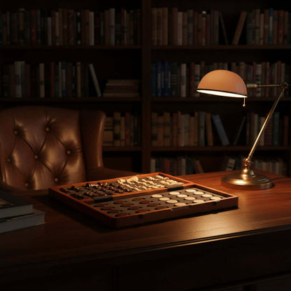 Magnetic Chess and Checkers Set displayed on a wooden desk in a cozy library setting with bookshelves.