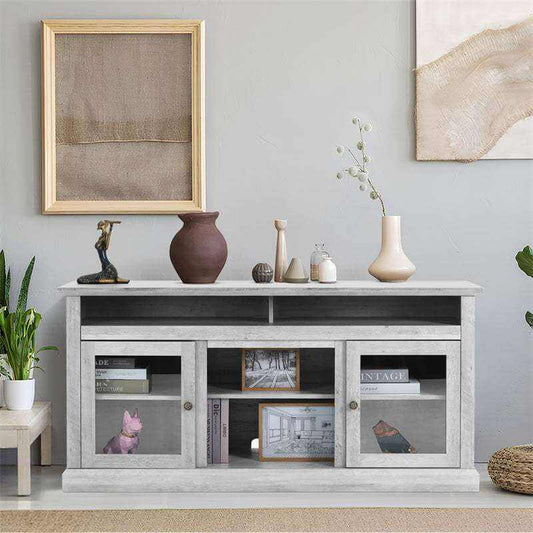  Chic Wooden TV Chic TV Stand Stand in gray with decorative vases and artwork, perfect for modern living room decor.