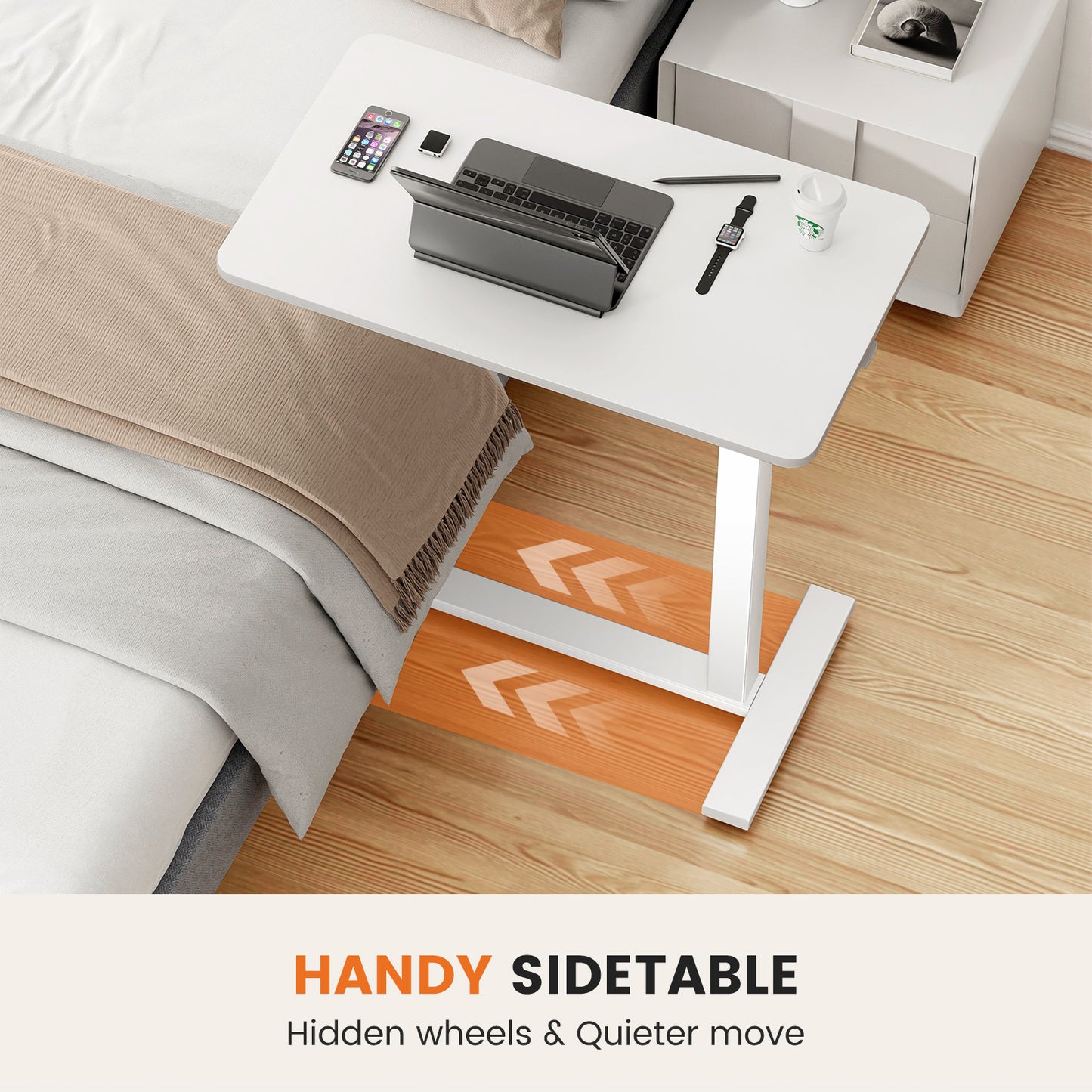 mobile laptop desk with adjustable height in white finish for home office