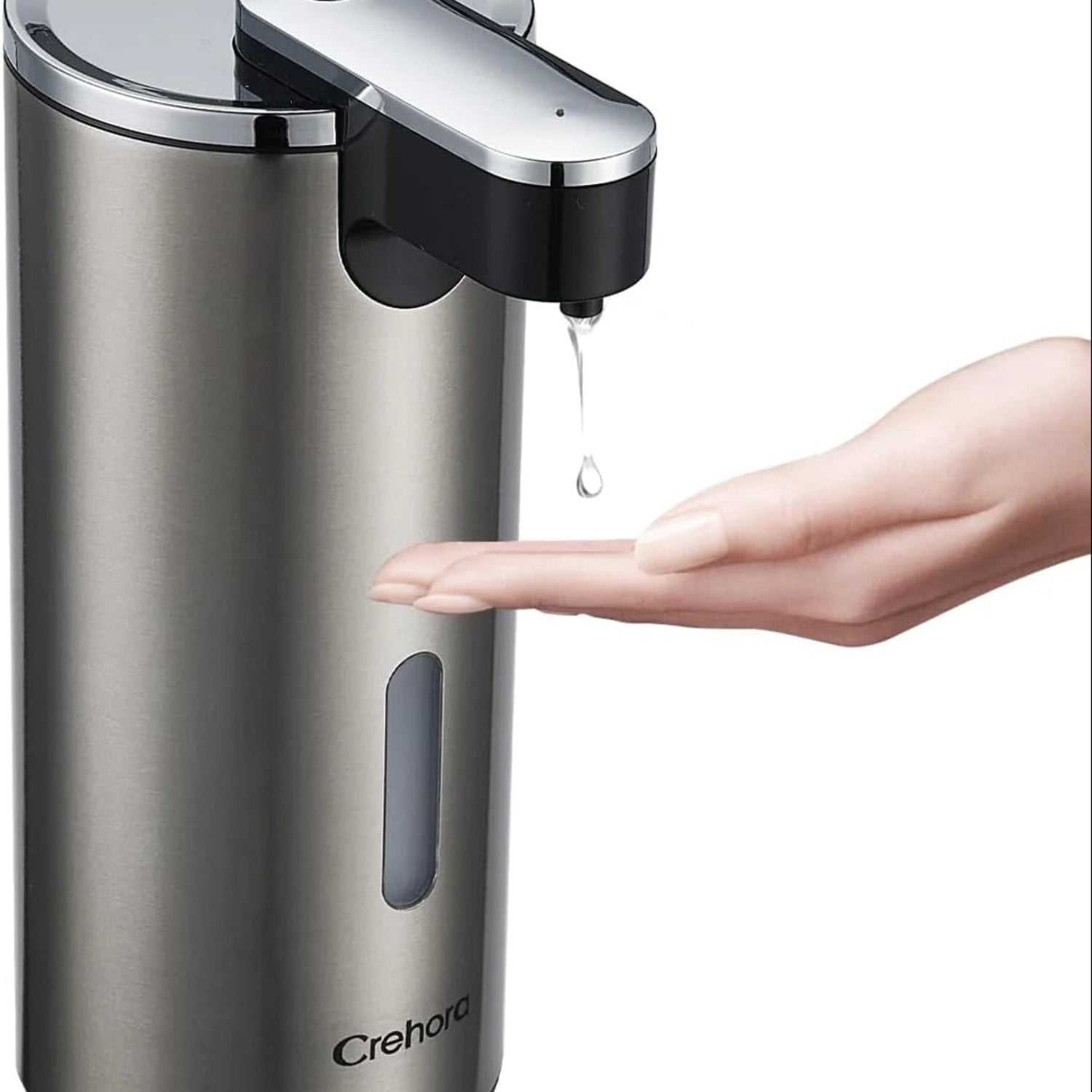 Touchless soap dispenser with infrared sensor, stainless steel design, and adjustable soap volume for hands-free use.