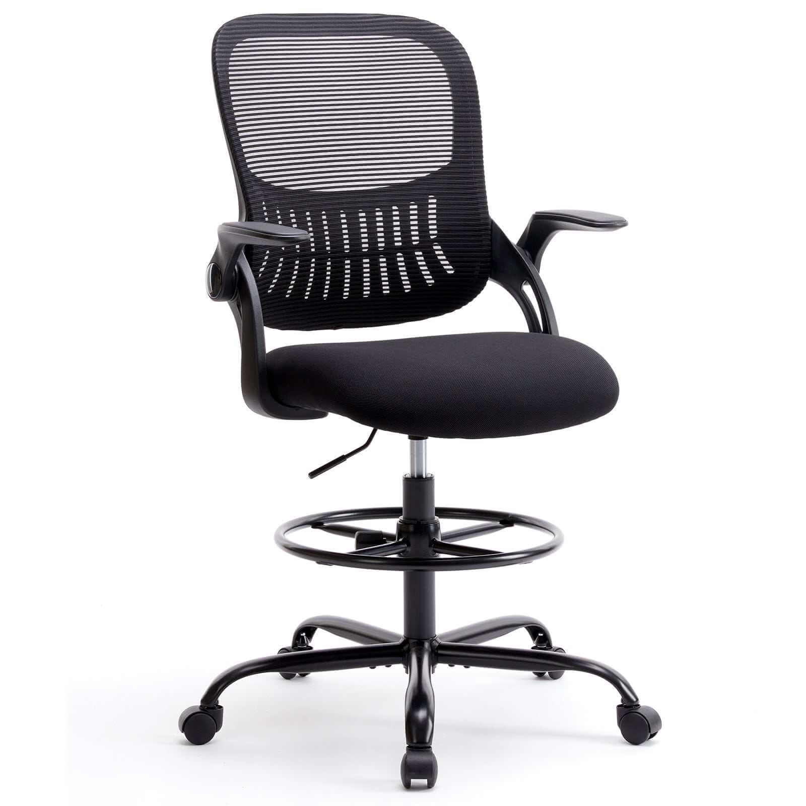 Black ergonomic drafting chair with adjustable footrest and lumbar support