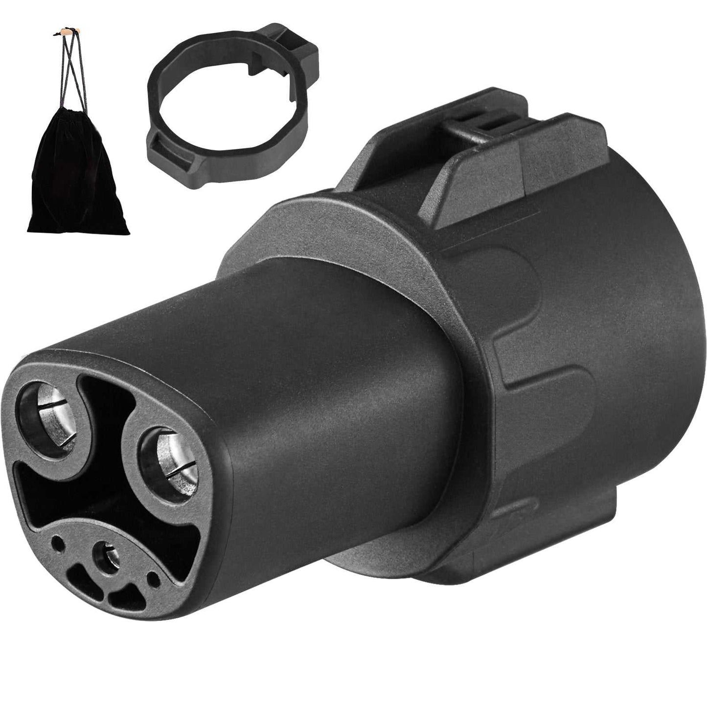 QuickConnect J-to-Tesla Adapter for J1772 to Tesla charging compatibility with ring and carrying bag