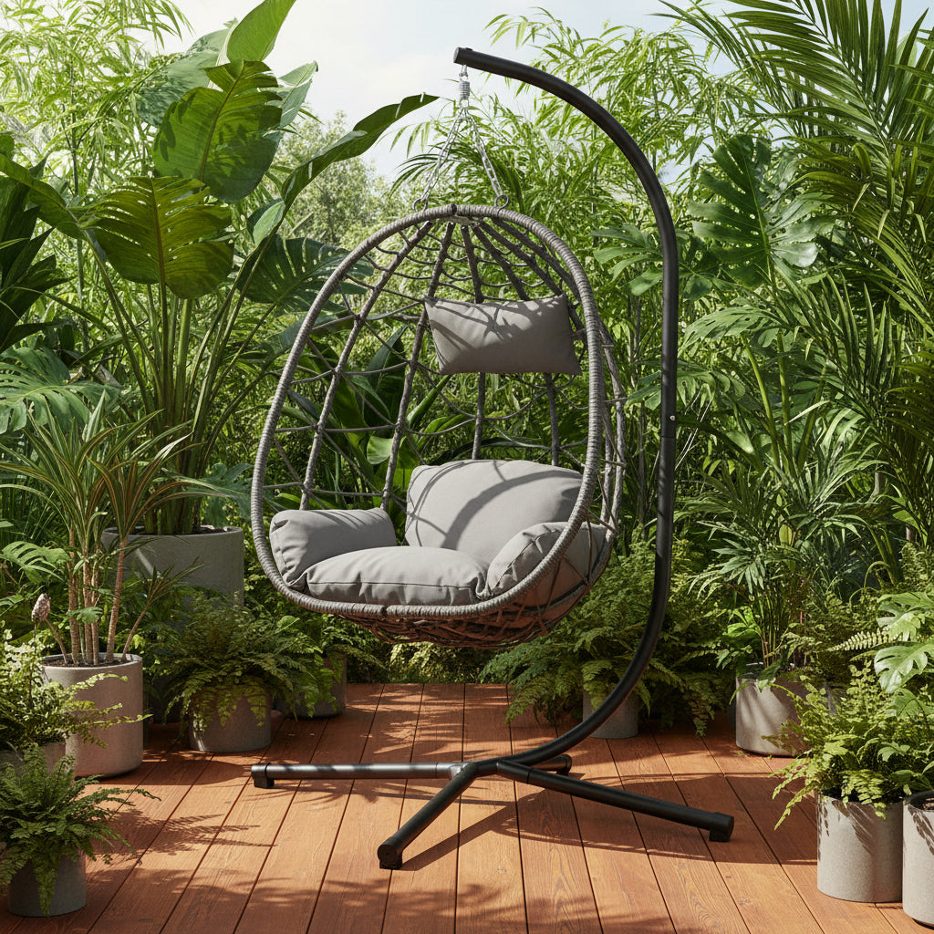 Cozy hanging egg chair with dark grey rattan and metal frame, including cushions and stand.
