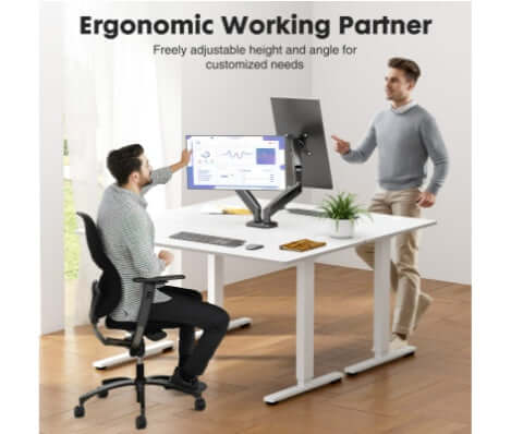 A dual monitor stand demonstrating ergonomic adjustable height and angle in a modern workspace.