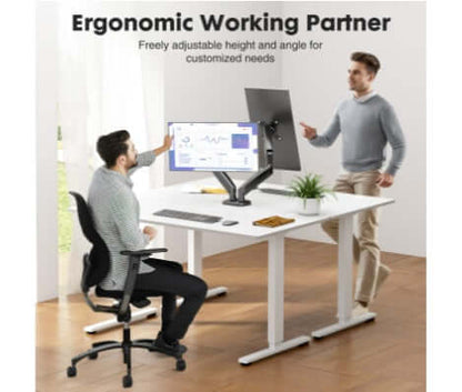 A dual monitor stand demonstrating ergonomic adjustable height and angle in a modern workspace.
