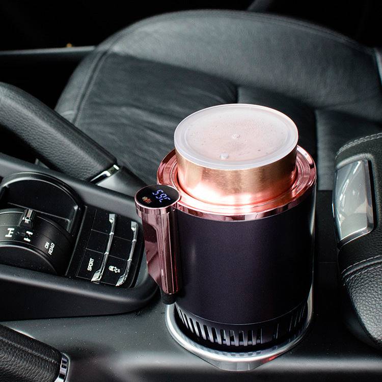 Smart car cup warmer cooler with digital temperature display, fits car cup holder, black and rose gold design, heats and chills beverages on the go