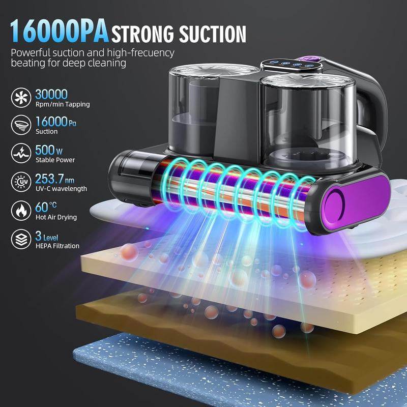 Handheld mite free mattress vacuum cleaner with 16000Pa suction and UV-C light for deep allergen removal