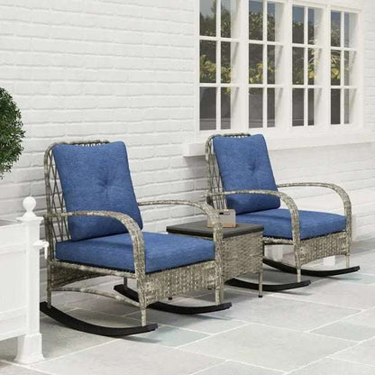 Rattan Chaise Lounge Chair set with blue cushions and matching side table on patio