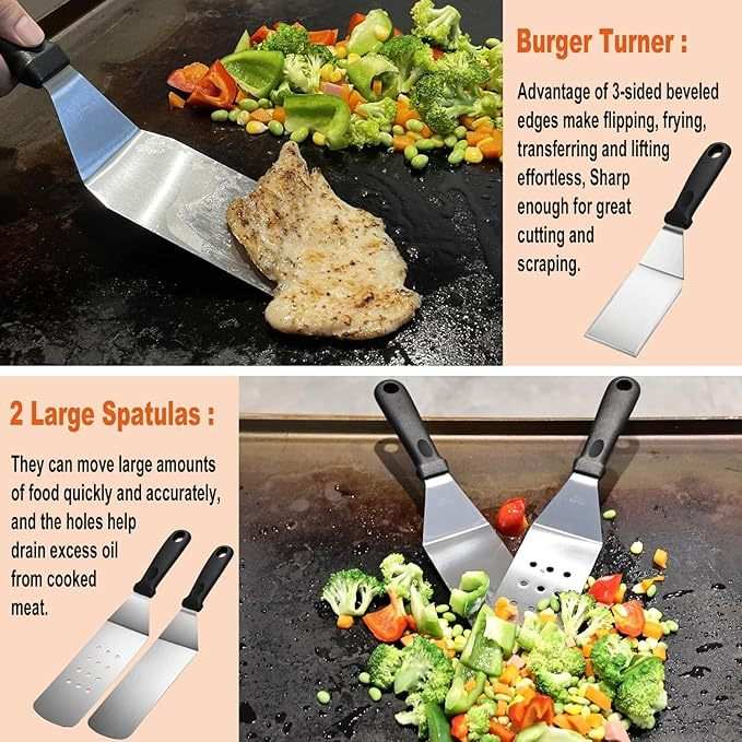 Ultimate Outdoor Grilling Set with stainless steel spatulas and burger turner cooking vegetables and meat on a grill