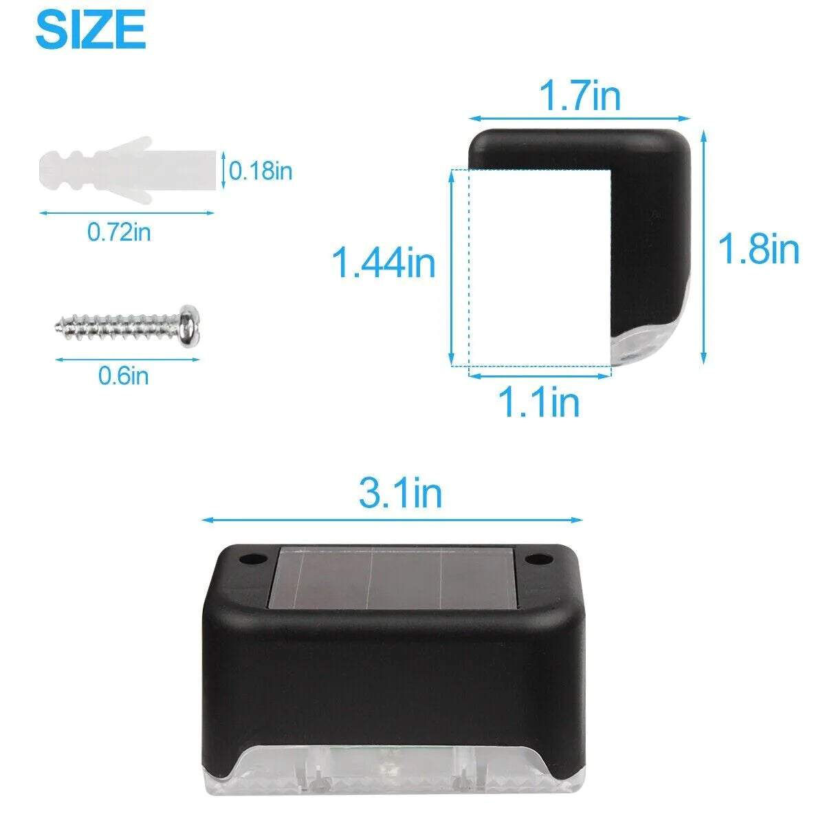 Black solar deck light with dimensions and mounting screw, waterproof LED outdoor lighting accessory