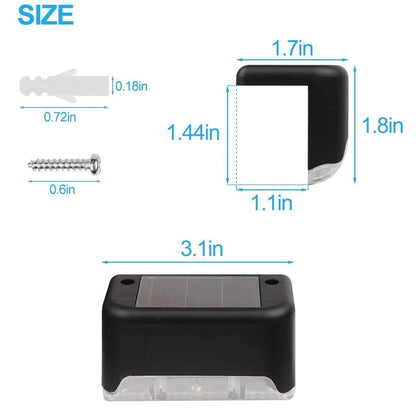 Black solar deck light with dimensions and mounting screw, waterproof LED outdoor lighting accessory