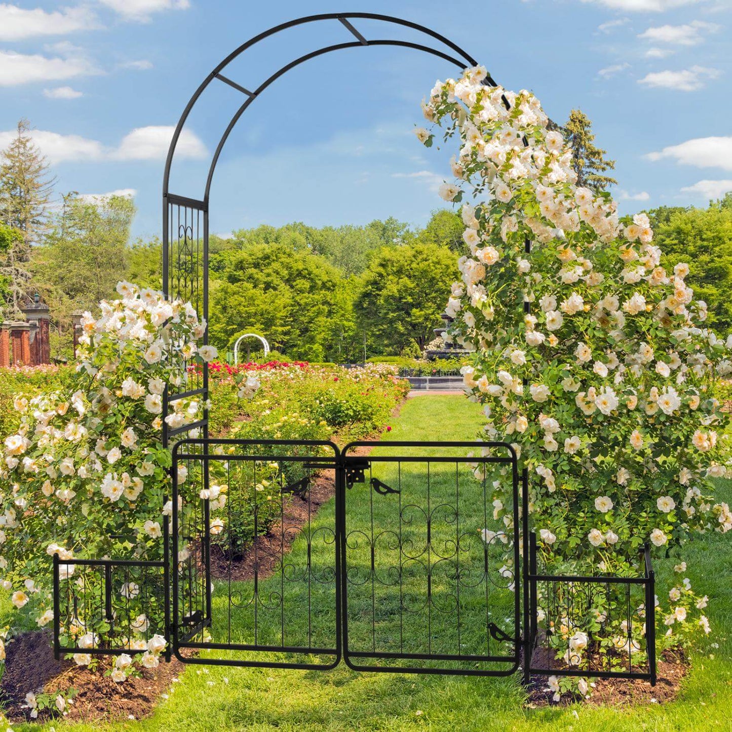 garden arch planter box close-up with flowers at base of arch