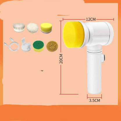 Effortless Kitchen Scrubber Brush with six interchangeable brush heads including nylon, sponge, and lambskin flannel, white electric handle measuring 20cm by 12cm by 3.5cm, rechargeable and battery versions available.