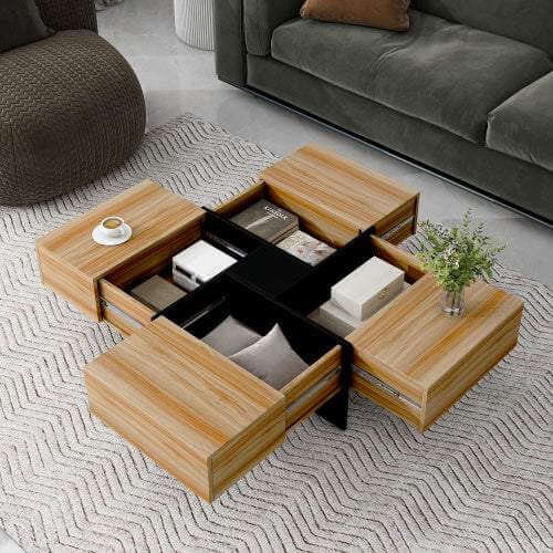 Square smart storage coffee table with four hidden extendable compartments in a wood finish