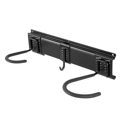 Easy Wall Mount Bike Organizer with two adjustable hooks and central helmet hook in black metal design for garage storage.
