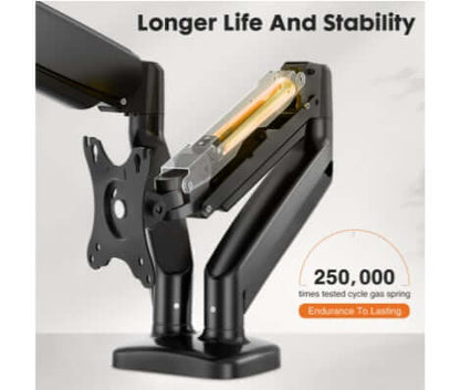 Dual Monitor Stand featuring a robust gas spring arm designed for longer life and stability, tested for 250,000 cycles.